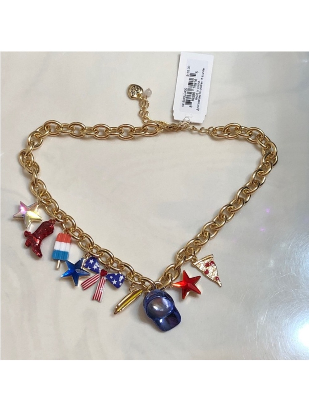 Betsey Johnson Gold Tone Americana Necklace With Americana Charms NWT